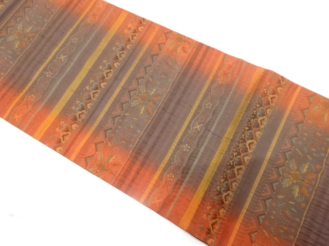 JAPANESE KIMONO FUKURO OBI / SILK / WOVEN STRIPE & FLORAL SARASA